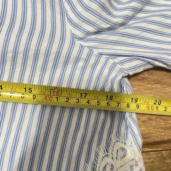 Zara Blouse Size M Blue White Striped Flared Sleeve Boho Peasant Embroidered Hem - Picture 3 of 6